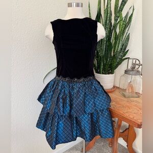 Vintage Scott McClintock Black Velvet Blue Taffeta Tiered Party Dress Size 6